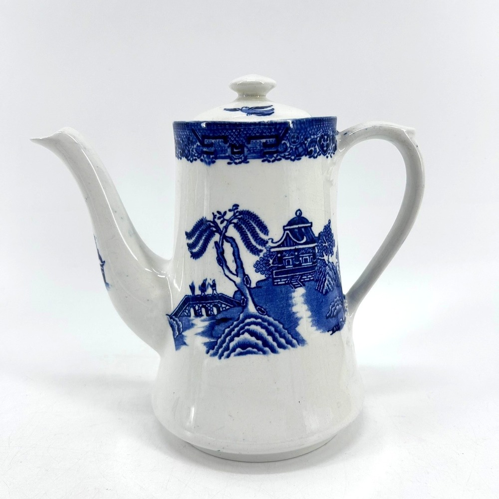 WoodsWare Blue Willow Chinoiserie Ceramic Coffee Pot Tea Pot Pagoda Scene VTG